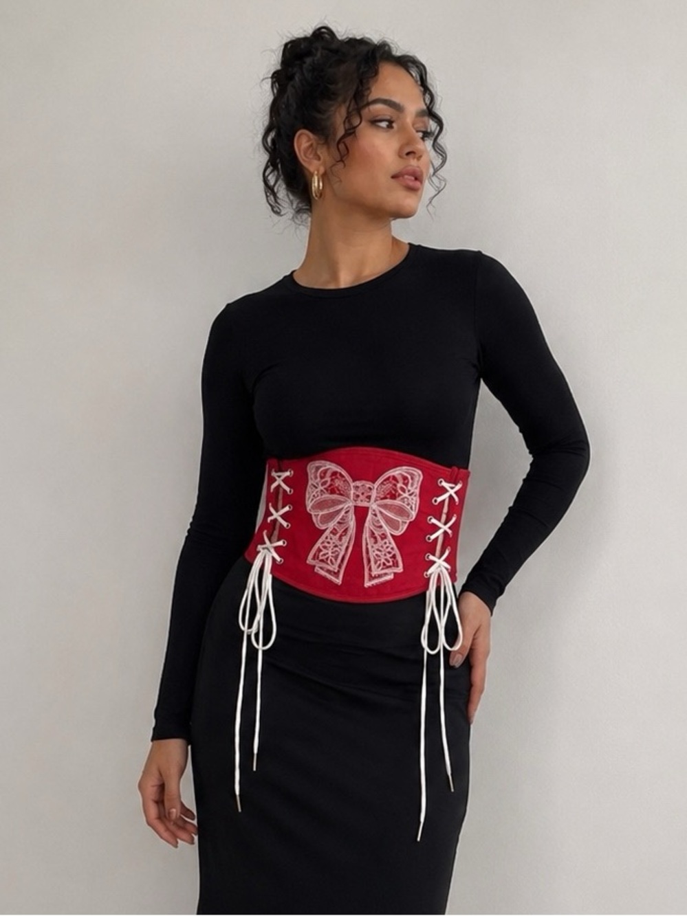 Red Lace-Up Corset Waist Belt with White Bow Embroidery